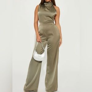 NEW Fashionnova Olive Satin Jumpsuit